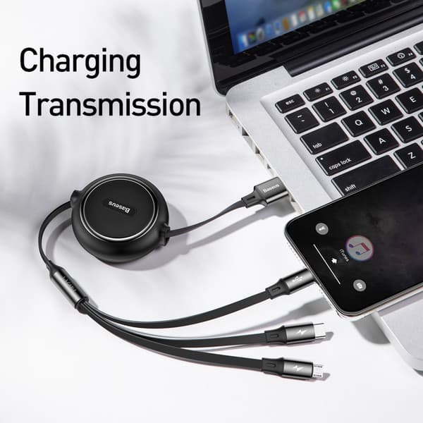 Basues 1,2 m 3-i-1 USB-C / Lightning / MicroUSB Udtrækkelig Sort size 91