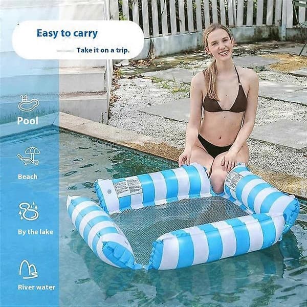 Oppustelig flydende liggestol foldbart ryglæn stribet vandhængekøje til voksne poolflyder 4-rørs design LightBlue