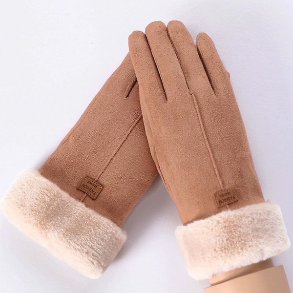 Thermal för kvinnor extra tjock med pekskärmshandskar i fleece, anpassning av handskar i koreansk stil i bomullsmocka Single rib camel