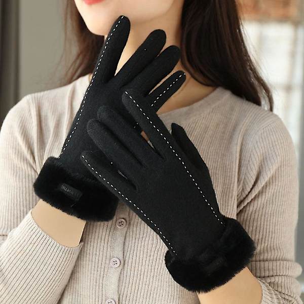 Cashmere ullhandskar för kvinnor vinter söt ridning varm sammet vadderad förtjockad pekskärm kall-proof skidåkning Black