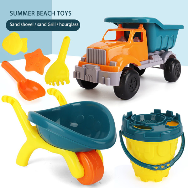 Summer Beach Buggy Barn leker i sanden med sandmudringsverktøy og vann