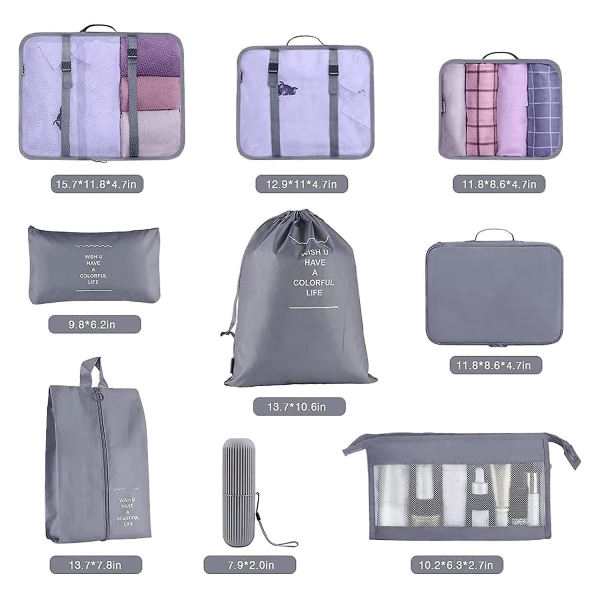 Packningskuber för resväska, 9 st lätta resväskor Organizer väskor set bagage packning arrangörer