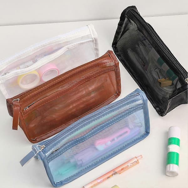 Transparent Pennfodral i Mesh Stor Kapacitet Dubbla Lager Skolmaterial Organizer för Pappersvaror Black