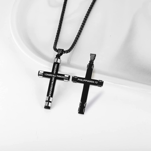 Sort kors halskæde til mænd graveret bibelvers Filipperne 4:13 Jeg kan gøre alle ting rustfrit stål kæde smykker vedhæng Meningsfuld gave til dreng