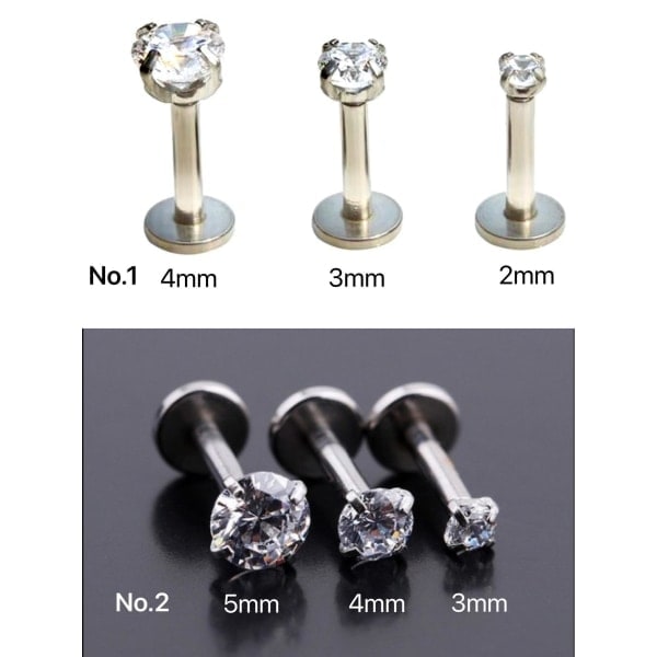 3 st Labret med sten, Kirurgiskt stål. Nr 2, längd: 6 mm