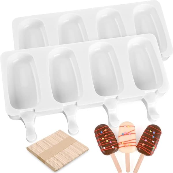 Sæt med 2 silikoneisforme, isforme med 50 træpinde til cake pops, ispinde, cakesicles (standardstørrelse/hvid)