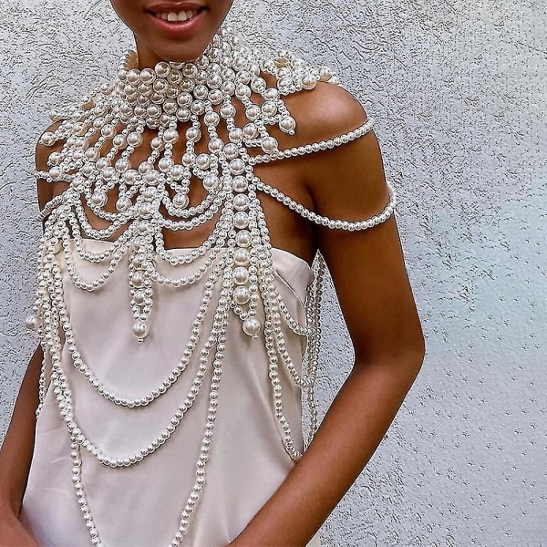 Vintage bröllopsklänning pärla axelkedja smycken Handgjorda imitation päron halsband lyxig stor storlek kroppskedja