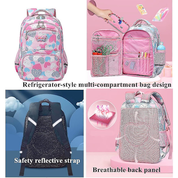 Ryggsekker for barneskoleelever, skolesekker for barn, ryggsekker for gutter og jenter (rosa)