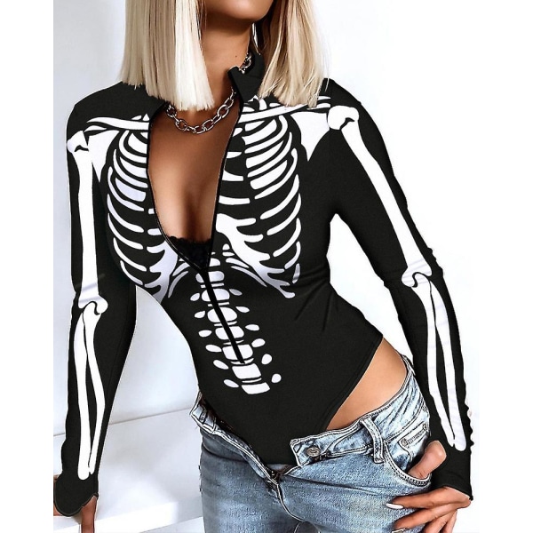 Kvinder Top Romper V-hals Skaller Slank Casual Halloween Skeletprint Lynlås foran Langærmet bodysuit Sexede bodysuits