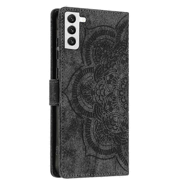 Frosted læder smartphone-etui til Mandala præget retro (sort, til Samsung Galaxy S21 5G)