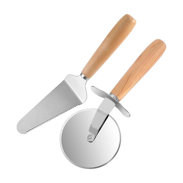 Rustfritt stål pizzaskuffe med treskaft, 2-delt sett med pizzakutter, rulle, pizzaskuffe, overføringsskuffe, trekantskuffe