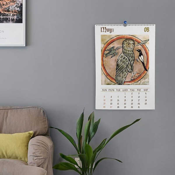 Mærkelig middelalderlig uglekalender 2024, sjov uglevægkalender, grimme middelalderlige uglemalerier Kalender, hvid elefantgave til fugleelskere