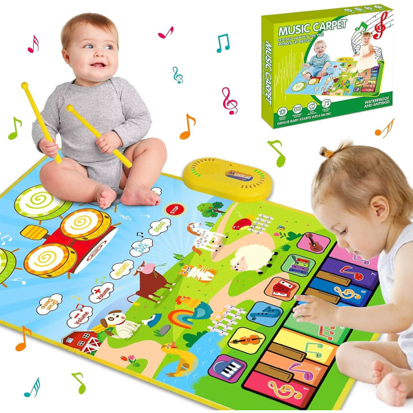 3 i 1 musikmåtte til småbørn 1-3, klavermåtte og trommemåtte med 2 pinde, tidligt pædagogisk læringslegetøj i 12-18 måneder Baby, Animal Touch Play Blan