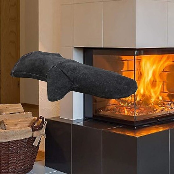 Black Fireplace Glove, with Thermal Insulation, Leather Oven Glove, Flame Retardant Protection, Gril