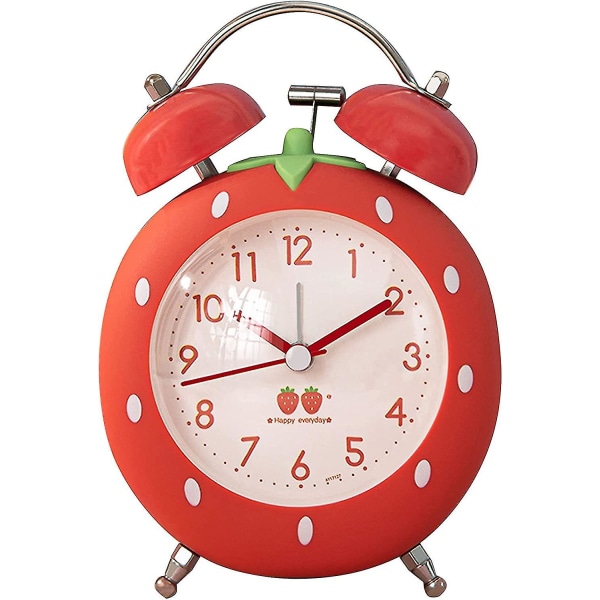 Mansikan muotoinen herätyskello lapsille, söpö herätyskello raskaille nukkujille taustavalolla, kova kaksoiskeloherätyskello makuuhuoneen sisustukseen (punainen)