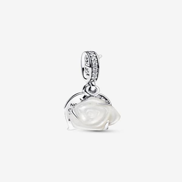 Pandora - White Rose in Bloom Double Dangle Charm - Sterling Silver