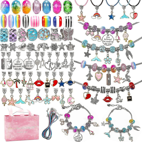 130-dele sæt til fremstilling af charmearmbånd - Indeholder smykkeperler, slangekæder og håndværksartikler til piger - Perfekt julegavesæt til smykker til