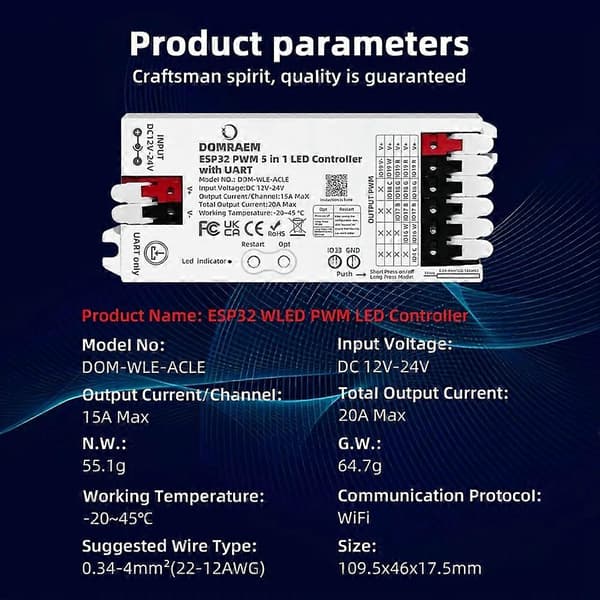 ESP32 WLED Controller med UART 5-i-1 til RGB RGBW RGBCCT LED Strip Virker til PWM Dæmpning