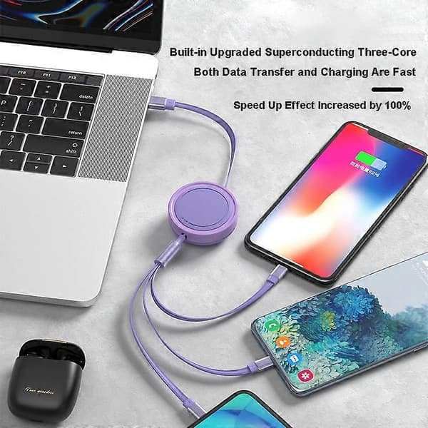 Typ C 3 i 1 Typ-C/Lightning/Micro USB Infällbar Datakabel 66W Snabbladdningssladd