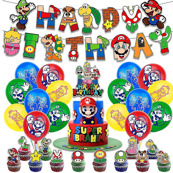 Super Mario -ilmapallopaketti syntymäpäiväjuhlatarvikkeet ilmapallot banneri kakkukoristeet koristeet
