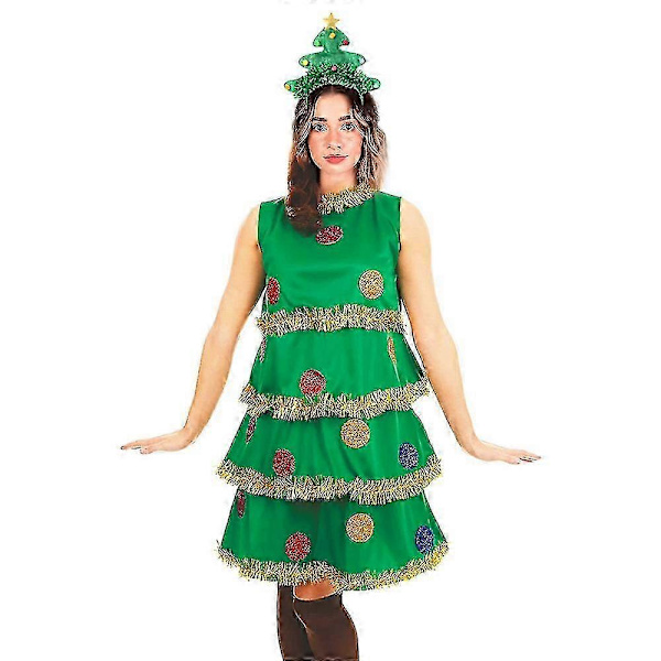 Juletræskostume 5 Dele Kvinders Juletræskjole med Taske Hårbånd Briller og Strømper Cosplay Outfit til Voksen M
