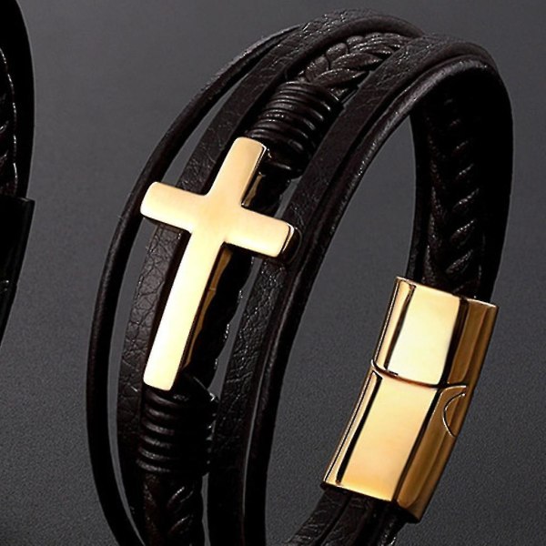 Rostfritt stål kors armband bangle för män guld silver svart läderband 20