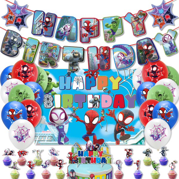 Syntymäpäiväjuhlien koristelu Spider-Man-taustakangaskakku, johon on lisätty pakopallon juhlatarvikkeet
