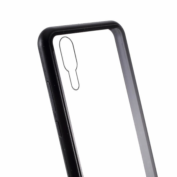 Aftagelig magnetisk metalramme + hærdet glas bagside mobiltelefon etui til Huawei P20 - Sort / gennemsigtig bagside