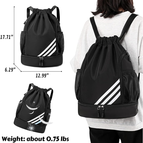 Sportryggsäck med dragsko, stor gymväska med skofack, vattentät nylon för shopping på gymmet (grå) Y01 Black