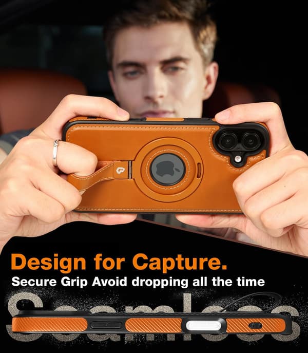 Magnetic Ring Grip Holder for Phone Case | Protective Leather Phone Case | MagSafe Compatible | Built-in Stand iPhone 16 Plus brown