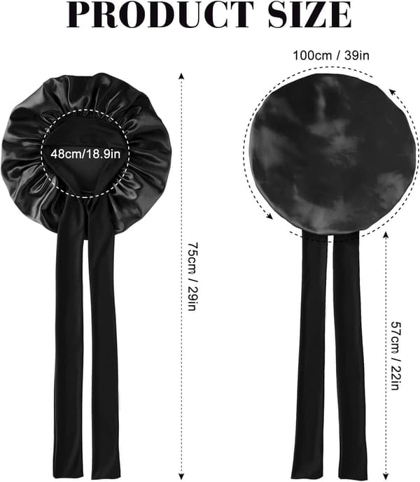 Silke sovebonnet til kvinder, 1 stk. justerbar satin natsovehue blød elastisk bånd silkebonnet til sovende, hårbonnet med slipsbånd (sort)