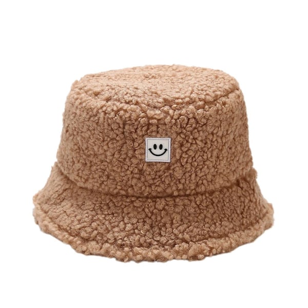 Kvinders smilansigt Fluffy Bucket Hat Plys varm kunstpels Fisherman Cap Khaki