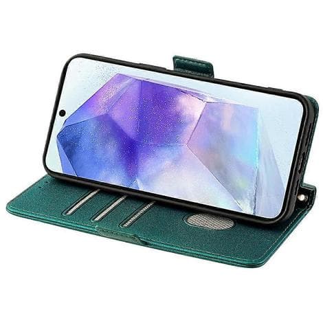 Læder Wallet Case med RFID-blokering og stativfunktion til Samsung Galaxy A56 5G med håndrem - Multicolor Green
