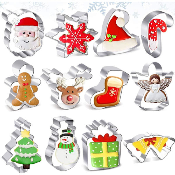 Jul Cookie Cutters Former, 12 st No-Repeat Jul Cookie Cutter Pepparkakskärare, Rostfritt Stål Bourbon Biscuit Cutter