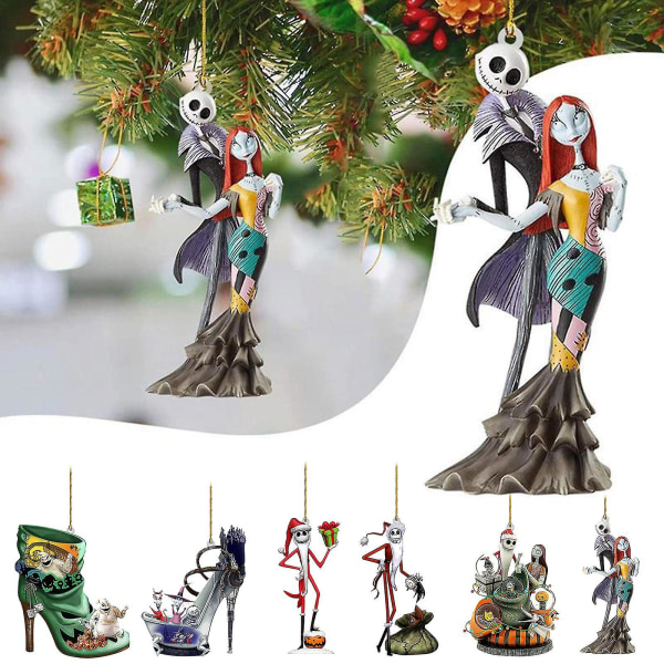 6 st julgransprydnader i akryl, hängande present, Tim Burtons The Nightmare Before Christmas Jack och Sally