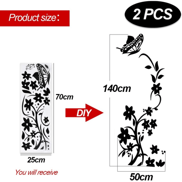 2 stk. Sorte Blomsterranke Vægklistermærker PVC Køleskab Sommerfugl Fjerner