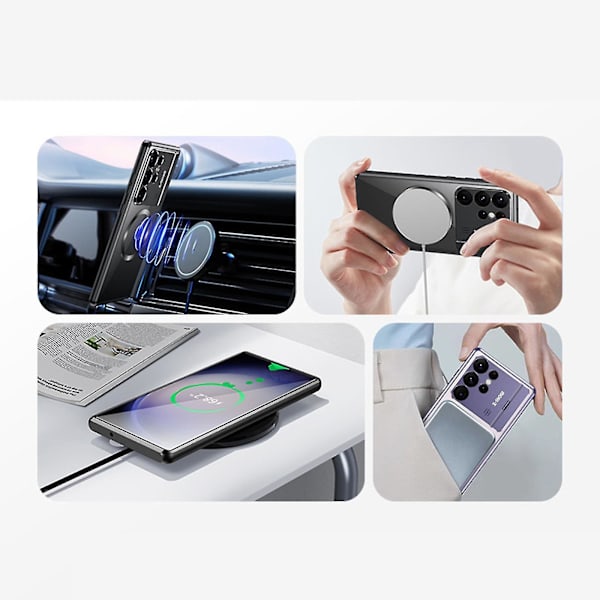 Fodral för Samsung Galaxy S24 Ultra med Osynligt Stativ för Kamera, Kompatibelt med MagSafe, 360 Graders Skydd Magnetisk Metall Bumper Bakre PC-Skydd