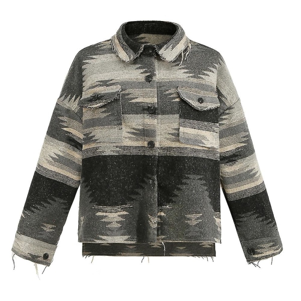 Vintage Dame Skjorte Aztek Print Langærmet Jakke Knap Lukning Lapel Løs Frakke Black S
