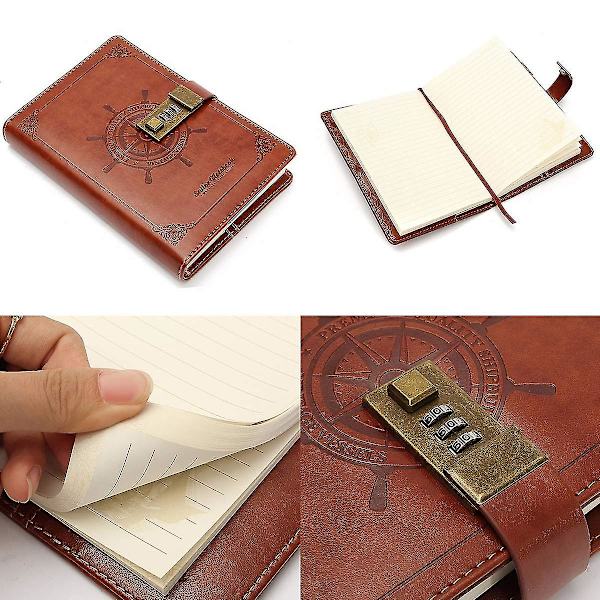 Dagbog med lås Læderjournal Adgangskode Kombination Lås Notebook Hemmelig Journal Skrive Notebook Pu Brun Stil