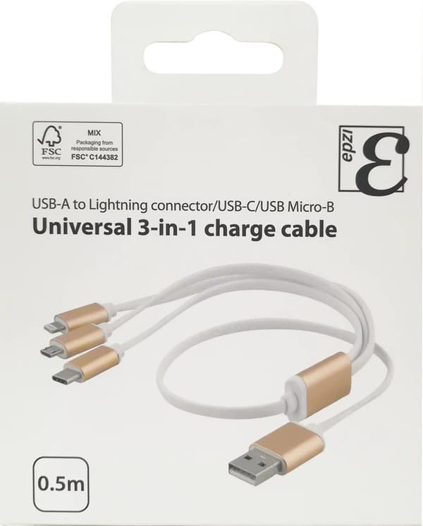 EPZI Multilader, USB-C, Lightning, Micro USB, USB-A, 50cm, hvit 30