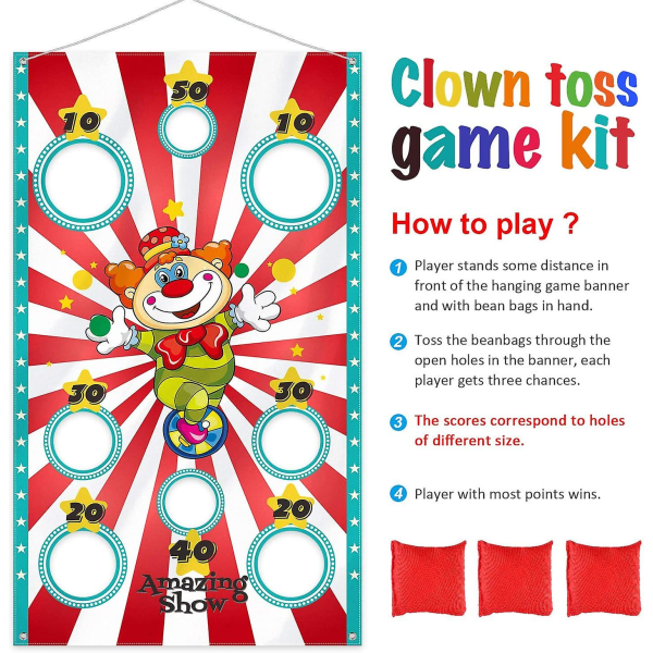 Carnival Clown Toss Game Banner med bønneposer for barn og voksne i karnevalsfestaktiviteter