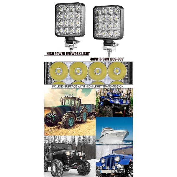 4 X 48w Led arbetsljus, fyrkantig strålkastare 12v 24v långdistans LED-strålkastare Ip67 Spot Flood Backljus För Bil Lastbil Traktor Suv Båt (4 st)