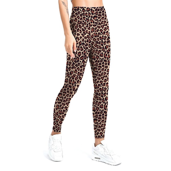 Høytlivs mønstrede leggings for kvinner - Myke og smidige treningstights med magekontroll for yoga - Leopard leggings L