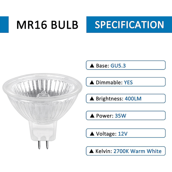 Halogeeni Lamppu Gu5.3 35w 12v, 400lm Lämmin Valkoinen 2700k Himmennettävä, Halogeeni Spottilamppu Mr16, 6 Kpl Pakkaus