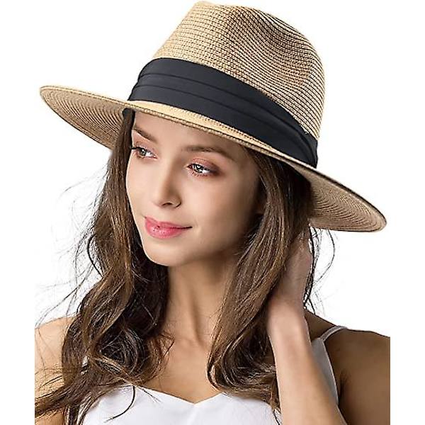 Solhattar för kvinnor och män, justerbar sommar Panama Fedora bredbrättad hatt UV UPF 50+, hopfällbar packbar stråhatt för stranden (khaki)