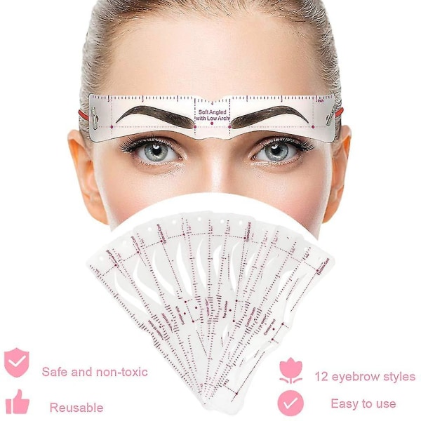 Øjenbrynsstencils 12 stilarter, genanvendelig øjenbrynsformersætskabelon med hovedbeklædningsrem og øjenbrynskraber til kvinder