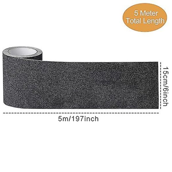 Anti-Slip Tape til Trapper, Friktion, Slibende for Sikkerhed, Stiger, Indendørs, Udendørs, Høj Trækkraft, 15CM x 5M, Sort