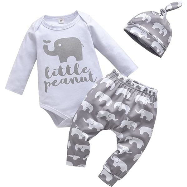 Kläder för baby pojke Höst Vinter Långärmad Romper Print Topp + Byxor + Hatt 3-delat set Gray 9-12 months