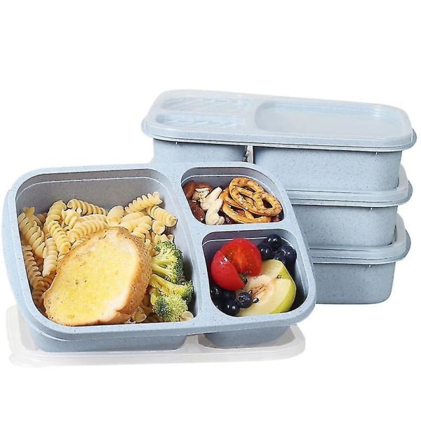 4 pakker måltidsforberedende plastik frokostbeholdere med 3 rum, genanvendelig Bento-boks til børn/småbørn