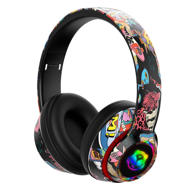 Trådløst Bluetooth-headset med kule graffiti og LED-belysning for barn, tenåringer og voksne, hodetelefoner med innebygd mikrofon, iOS og Android Black